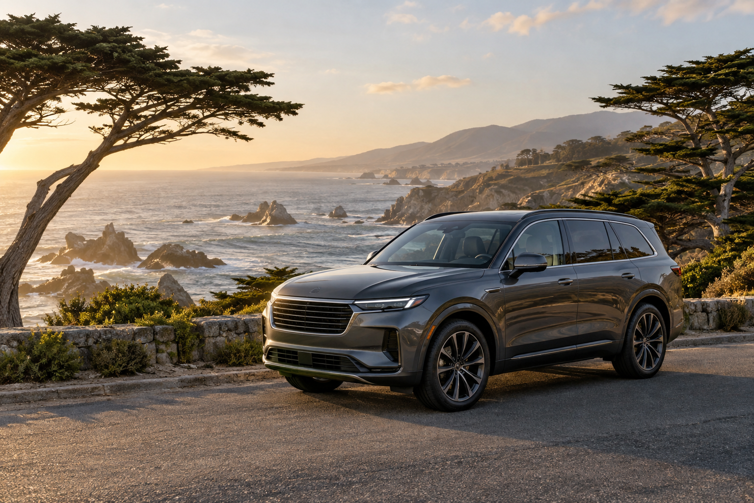 Graphite SUV on a scenic California coastal road