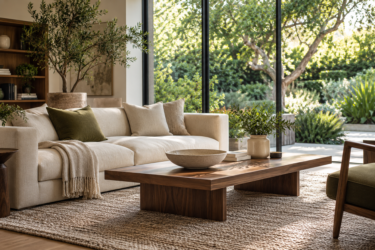 Elegant living room with linen sofa and garden views